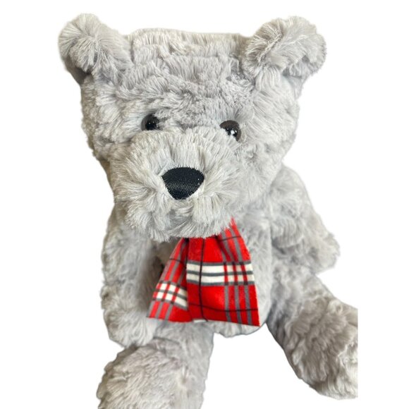 Gray Teddy Bear plush with red plaid winter scarf Sitting Stuffed Animal - Picture 1 of 5